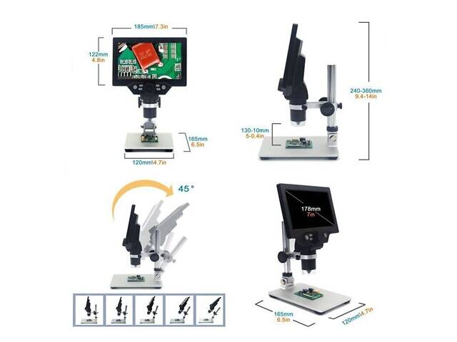 Микроскоп цифровой с 7' дюймовым LCD экраном и подсветкой GAOSUO G1200HDB, c увеличением до 1200X, с аккумулятором - Фото 5