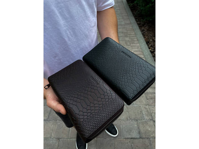 Місткий чоловічий клатч на два відділення з натуральної шкіри з тисненням під рептилію MC Коричневий Зелений - Фото 7