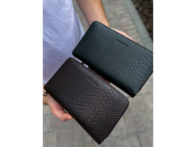 Місткий чоловічий клатч на два відділення з натуральної шкіри з тисненням під рептилію MC Коричневий Зелений - Фото 8