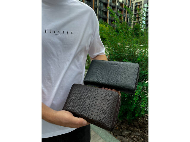 Місткий чоловічий клатч на два відділення з натуральної шкіри з тисненням під рептилію MC Коричневий Зелений - Фото 9