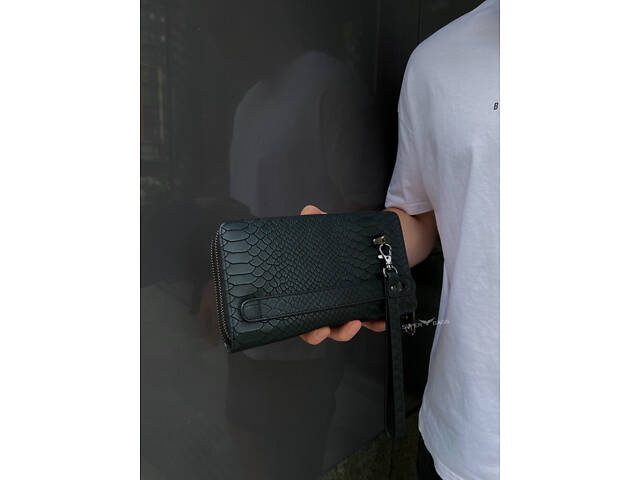 Місткий чоловічий клатч на два відділення з натуральної шкіри з тисненням під рептилію MC Коричневий Зелений - Фото 10