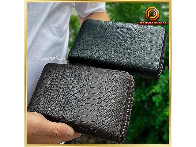 Місткий чоловічий клатч на два відділення з натуральної шкіри з тисненням під рептилію MC Коричневий Зелений - Фото 1