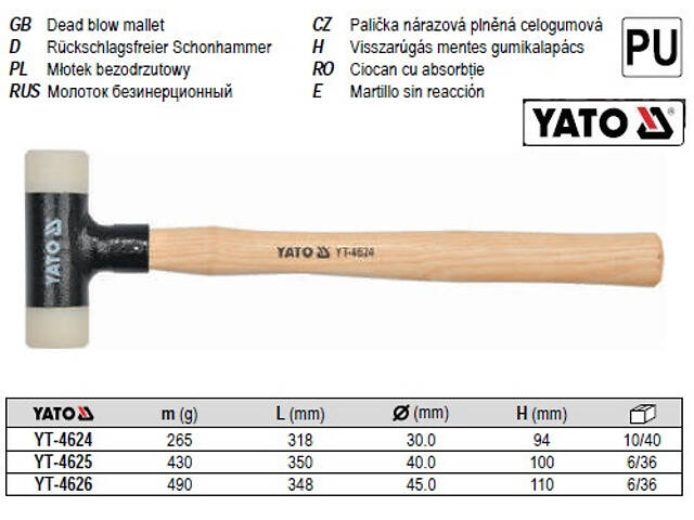 Молоток безинерционный YATO жестянщика Ø=40 мм m=430 г l=350 мм YT-4625