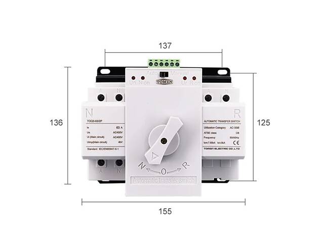 Моторизованный автоматический переключатель ввода резерва TOMZN TOQ3-63/2P, 2 полюса, 63 Ампера - Фото 7