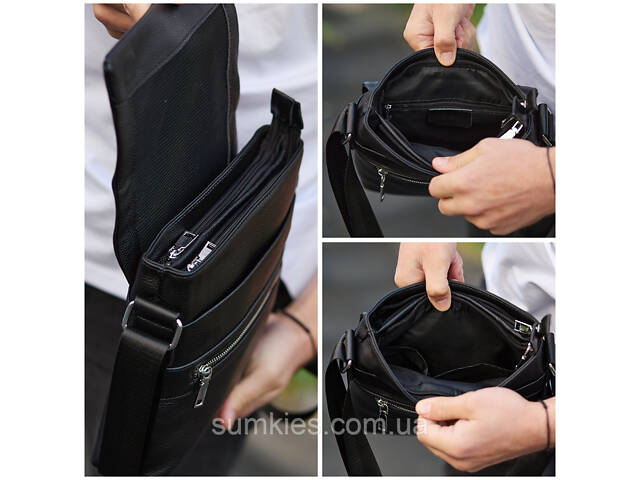 Чоловіча барсетка 23х26х6, месенджер через плече шкіряний Tiding Bag 80471 чорний - Фото 5