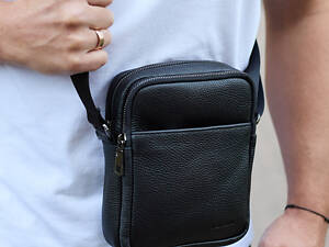 Чоловіча барсетка через плече, зернистая кожа 20х16х6, месенджер для міста, сумка для телефону та документів, чорна