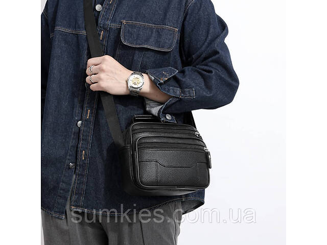 Чоловіча барсетка з ручкою 23х19х7, шкіряна сумка з ременем через плече BEXHILL BX-14440B чорна - Фото 8