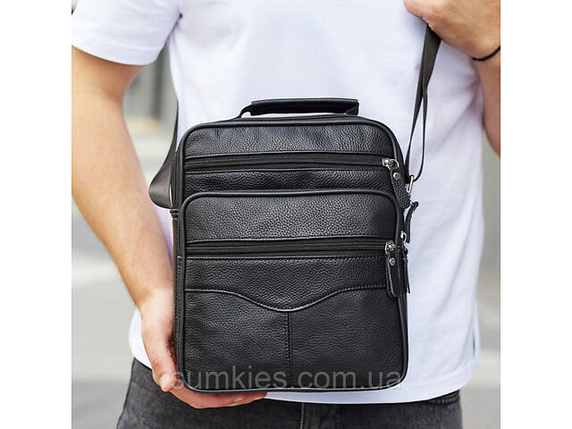 Чоловіча барсетка через плече 26х20.5х8 / месенджер наплічний з натуральної шкіри, чорний - Фото 1