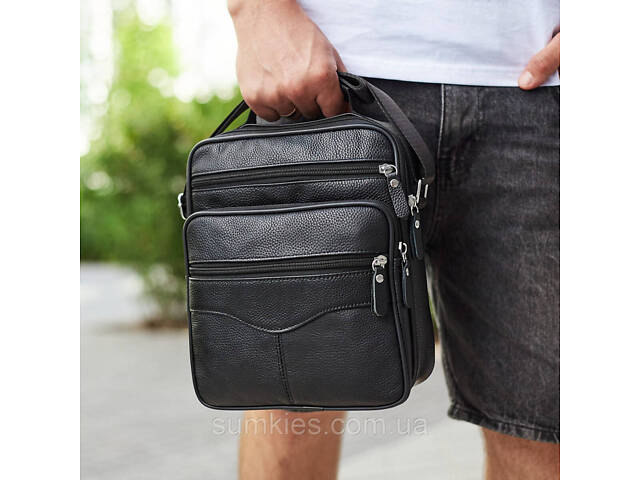 Чоловіча барсетка через плече 26х20.5х8 / месенджер наплічний з натуральної шкіри, чорний - Фото 4