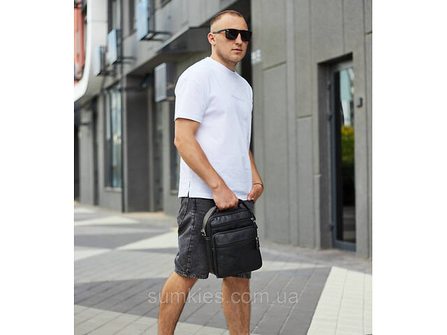 Чоловіча барсетка через плече 26х20.5х8 / месенджер наплічний з натуральної шкіри, чорний - Фото 7