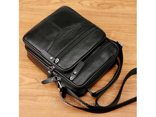 Чоловіча барсетка через плече 26х20.5х8 / месенджер наплічний з натуральної шкіри, чорний - Фото 8