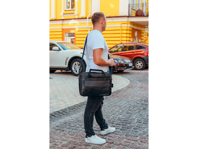 Мужская черная сумка для ноутбука и документов кожаная 471171 - Фото 2