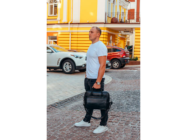 Мужская черная сумка для ноутбука и документов кожаная 471171 - Фото 4