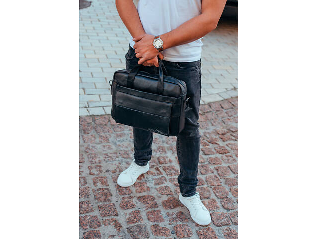 Мужская черная сумка для ноутбука и документов кожаная 471171 - Фото 7