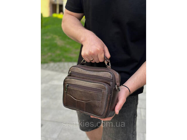 Чоловіча шкіряна сумка барсетка 23х19х7, месенджер через плече з коричневою ручкою BEXHILL 61881B - Фото 8