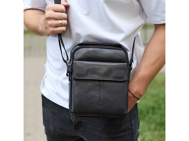Чоловіча шкіряна сумка, барсетка з натуральної шкіри 24х18х8, сумочка для чоловіків, чорна - Фото 2