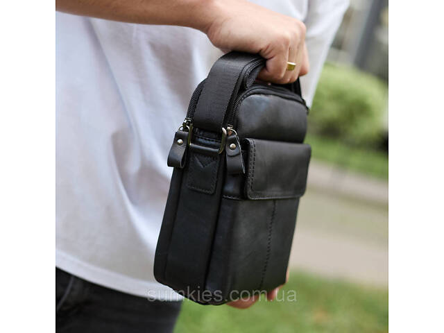 Чоловіча шкіряна сумка, барсетка з натуральної шкіри 24х18х8, сумочка для чоловіків, чорна - Фото 7