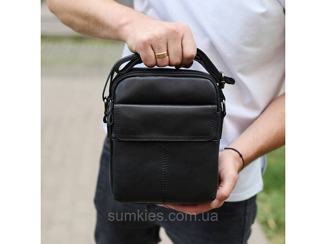 Чоловіча шкіряна сумка, барсетка з натуральної шкіри 24х18х8, сумочка для чоловіків, чорна - Фото 6