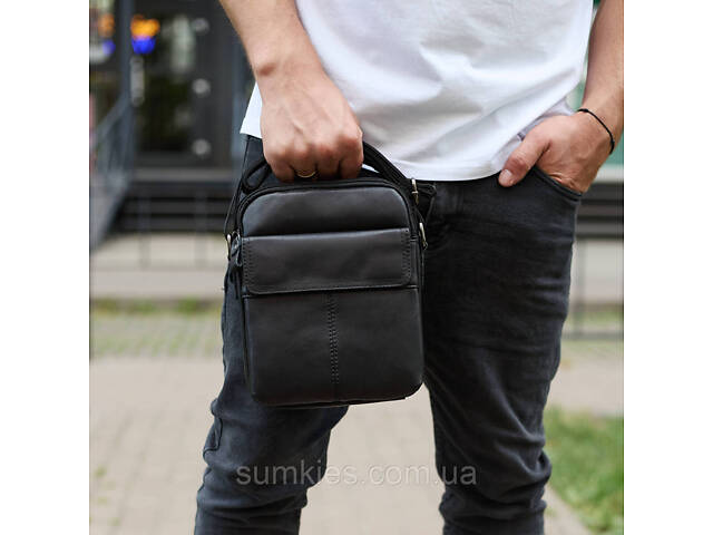 Чоловіча шкіряна сумка, барсетка з натуральної шкіри 24х18х8, сумочка для чоловіків, чорна - Фото 4