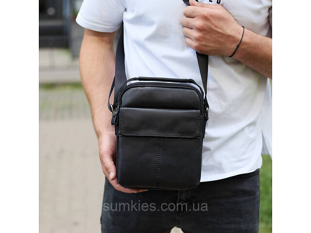 Чоловіча шкіряна сумка, барсетка з натуральної шкіри 24х18х8, сумочка для чоловіків, чорна - Фото 5