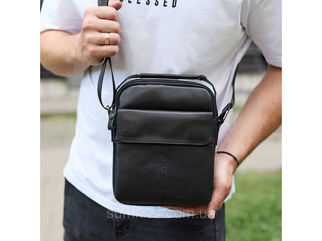 Чоловіча шкіряна сумка, барсетка з натуральної шкіри 24х18х8, сумочка для чоловіків, чорна - Фото 3