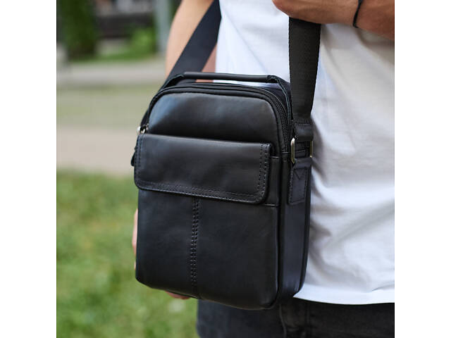Чоловіча шкіряна сумка, барсетка з натуральної шкіри 24х18х8, сумочка для чоловіків, чорна - Фото 1