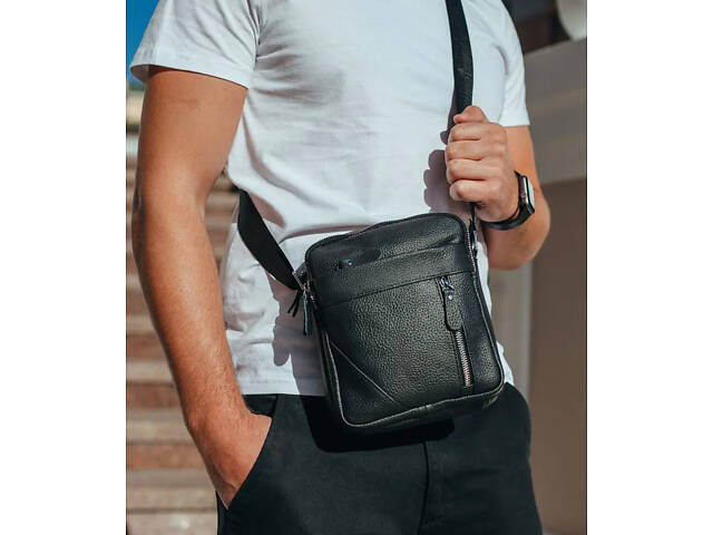 Чоловіча шкіряна сумка через плече 18х21х7, барсетка для документів Tiding Bag M38-10131A чорна - Фото 6