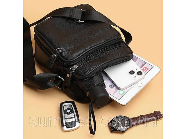 Чоловічі шкіряні сумки планшет 17х21х9, барсетка через плече з ручкою чорна 86802 - Фото 5