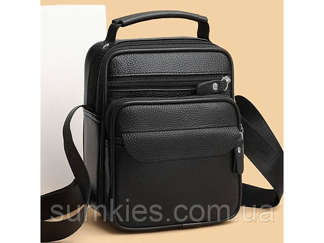 Чоловічі шкіряні сумки планшет 17х21х9, барсетка через плече з ручкою чорна 86802 - Фото 7