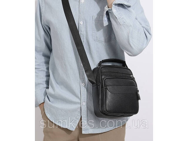 Чоловічі шкіряні сумки планшет 17х21х9, барсетка через плече з ручкою чорна 86802 - Фото 9