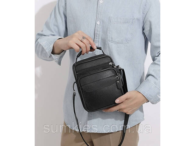 Чоловічі шкіряні сумки планшет 17х21х9, барсетка через плече з ручкою чорна 86802 - Фото 10