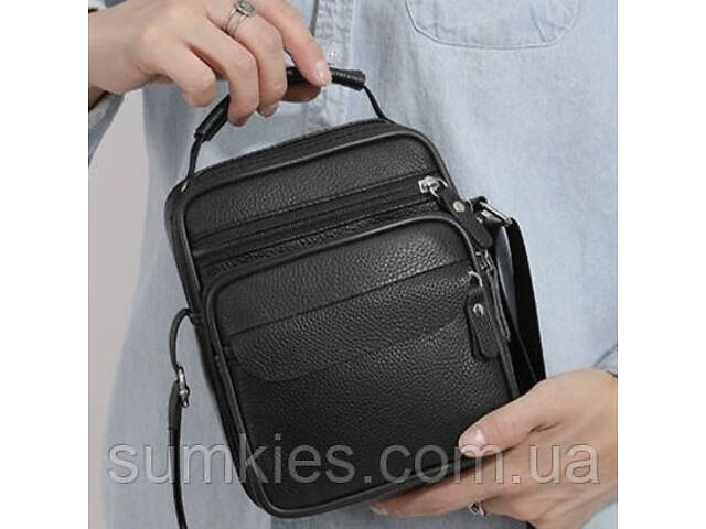 Чоловічі шкіряні сумки планшет 17х21х9, барсетка через плече з ручкою чорна 86802 - Фото 1