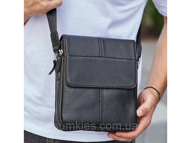 Чоловіча сумка шкіряна планшет 21х24х6, барсетка на одне плече Tiding Bag M1254A чорна - Фото 1