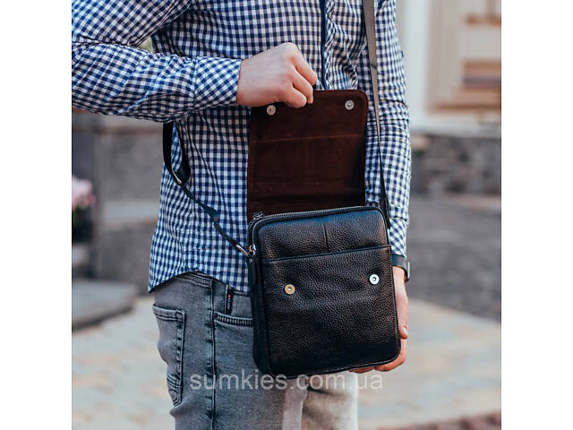 Чоловіча сумка шкіряна планшет 21х24х6, барсетка на одне плече Tiding Bag M1254A чорна - Фото 10