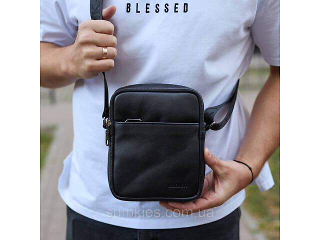 Чоловіча сумка через плече, гладкая кожа 20х16х6, месенджер для міста, барсетка для телефону та документів, чорна - Фото 2