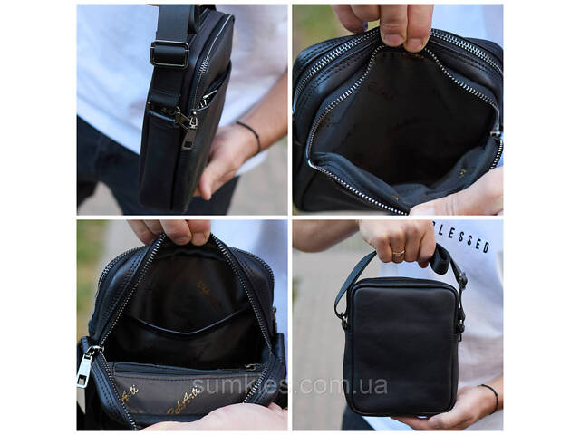 Чоловіча сумка через плече, гладкая кожа 20х16х6, месенджер для міста, барсетка для телефону та документів, чорна - Фото 5