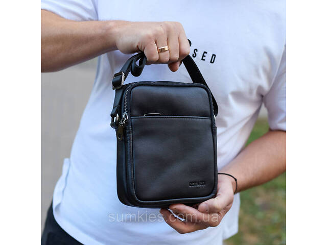 Чоловіча сумка через плече, гладкая кожа 20х16х6, месенджер для міста, барсетка для телефону та документів, чорна - Фото 3