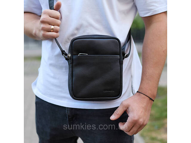 Чоловіча сумка через плече, гладкая кожа 20х16х6, месенджер для міста, барсетка для телефону та документів, чорна - Фото 8