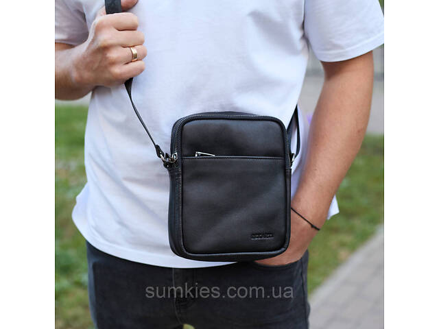 Чоловіча сумка через плече, гладкая кожа 20х16х6, месенджер для міста, барсетка для телефону та документів, чорна - Фото 9