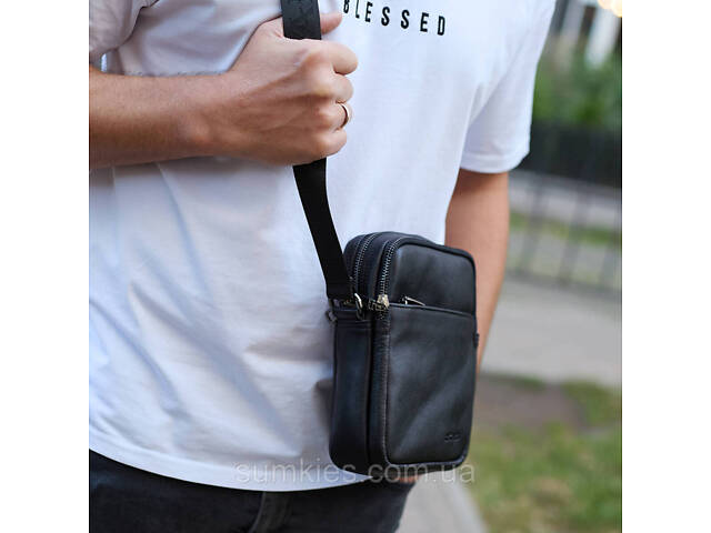 Чоловіча сумка через плече, гладкая кожа 20х16х6, месенджер для міста, барсетка для телефону та документів, чорна - Фото 10