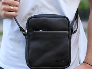 Чоловіча сумка через плече, гладкая кожа 20х16х6, месенджер для міста, барсетка для телефону та документів, чорна