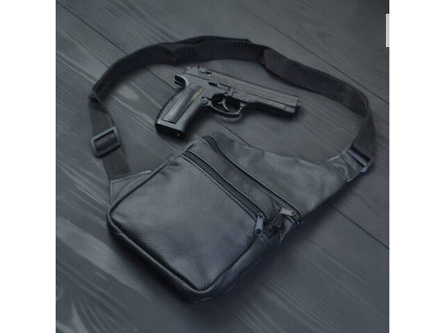 Мужская сумка из натуральной кожи, тактическая сумка с кобурой– мессенджер черная, тактическая сумка на грудь.