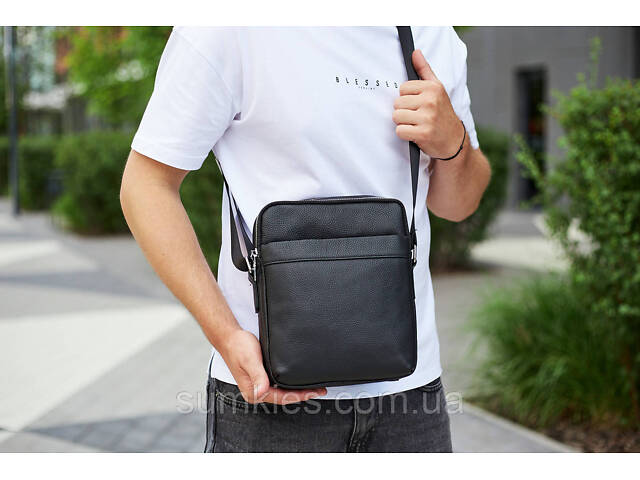 Чоловіча сумка-месенджер з двома відділеннями 21x26x7, шкіряний гаманець Tiding Bag 7459 чорного кольору - Фото 6