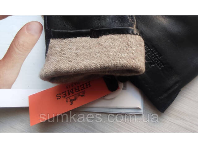 Мужские кожаные перчатки Hermes подкладка шерстяная вязка black - Фото 2