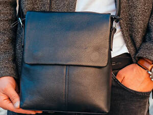 Мужской классический мессенджер 23х26х6, барсетка через плечо кожаный Tiding Bag 2862 черный