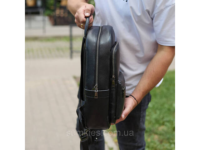 Чоловічий шкіряний рюкзак 41х31х16, універсальний міський наплічник для роботи та поїздок, офісна чоловіча сумка, чорний - Фото 3