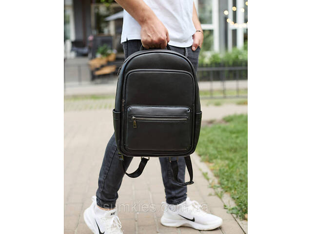 Чоловічий шкіряний рюкзак 41х31х16, універсальний міський наплічник для роботи та поїздок, офісна чоловіча сумка, чорний - Фото 8