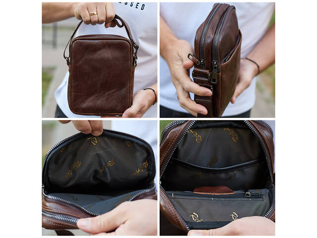 Чоловічий месенджер через плече 20х16х6, сумка планшетка для міста, барсетка для телефона, коричнева. - Фото 5