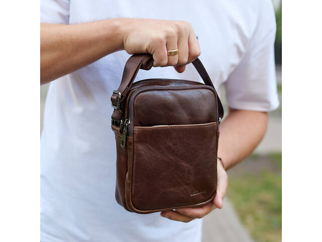 Чоловічий месенджер через плече 20х16х6, сумка планшетка для міста, барсетка для телефона, коричнева. - Фото 6