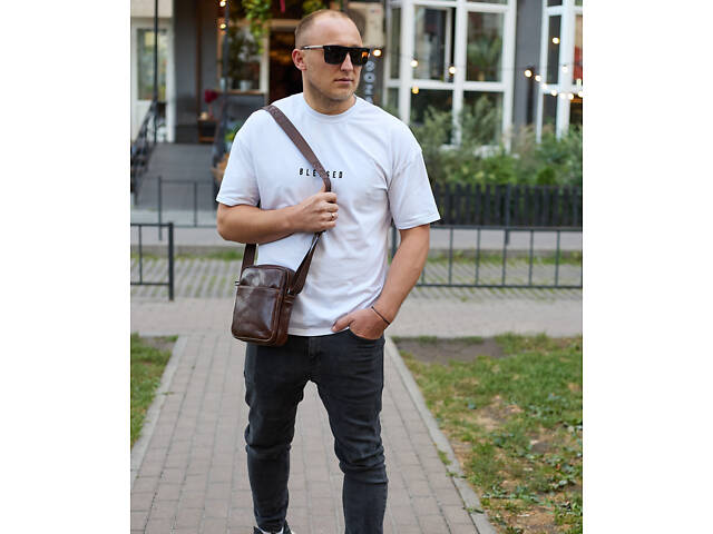 Чоловічий месенджер через плече 20х16х6, сумка планшетка для міста, барсетка для телефона, коричнева. - Фото 8